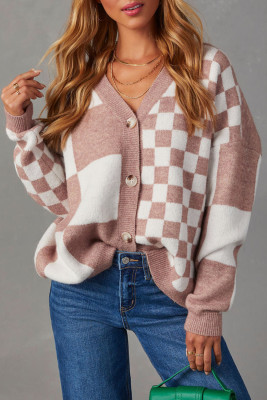 Chestnut Mix Checkered Button V Neck Knitted Cardigan