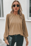 Light French Beige Contrast Lace Raglan Sleeve Plicate Round Neck Top