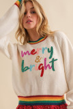 White Glitter Merry & Bright Colorful Stripes Trim Sweater
