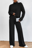 Plain High Collar Rib Long Sleeves Tops With Pants 2pcs Set