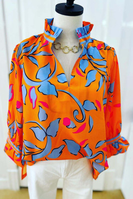 Printed V Neck Frill Blouse