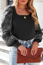 Black Plus Size Daisy Embroidered Puff Sleeve Ribbed Knit Top