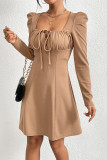 Khaki Square Neck Ruched Front Tie Puff Dress