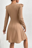 Khaki Square Neck Ruched Front Tie Puff Dress