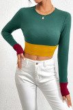 Dark Green Color Block Long Sleeves Crop Top