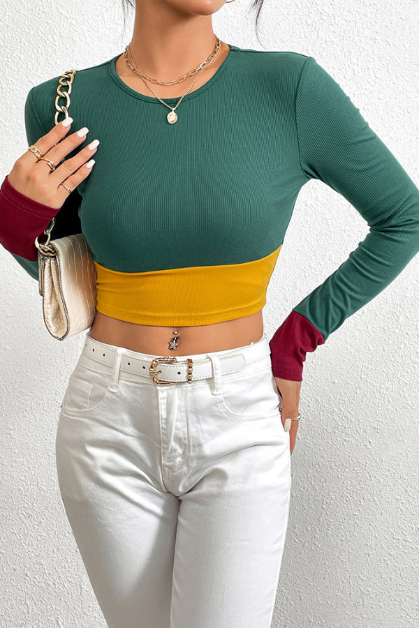 Dark Green Color Block Long Sleeves Crop Top