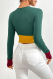 Dark Green Color Block Long Sleeves Crop Top