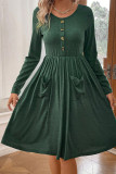 Green Button Down Pockets High Waist Dress