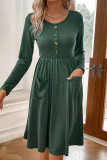Green Button Down Pockets High Waist Dress
