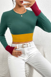 Dark Green Color Block Long Sleeves Crop Top