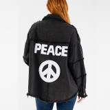 Peace Raw Hem Denim Jacket Coat