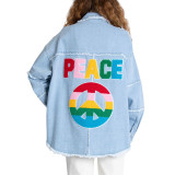 Peace Raw Hem Denim Jacket Coat