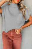 Gray Patch Pocket Ribbed Knit Short Sleeve Sweater