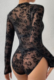 Black Flocked Pattern Mesh Bodysuit