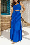 Plain Ruched Smocked Crop Top And Maxi Skirt 2pcs Dress