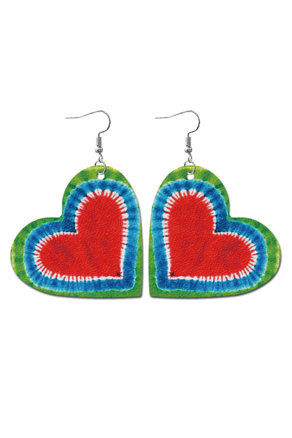 Tie Dye Heart Print PU Earrings MOQ 5pcs