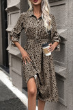Leopard Print Buttoned Shirt Midi Dress With Sash