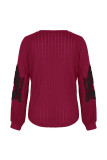 Red Lace Patchwork Rib Long Sleeves Top