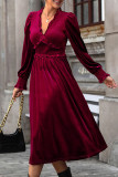 Burgundy V Neck Smocked Ruffles Midi Dress