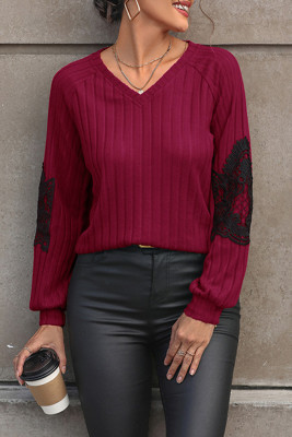 Red Lace Patchwork Rib Long Sleeves Top