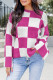 Bright Pink Checkered Round Neck Baggy Sweater