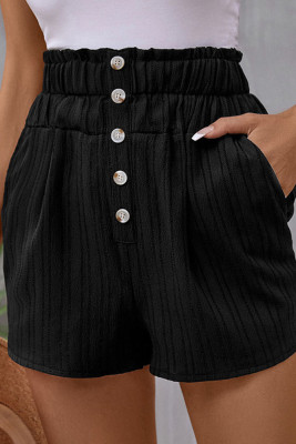 Black High Waist Button Smocked Shorts 