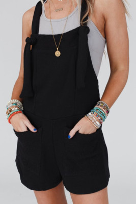 Black Knotted Straps Patch Pockets Terry Knit Romper