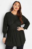 Black Plus Size Ribbed Knit Long Sleeve Tunic Babydoll Top