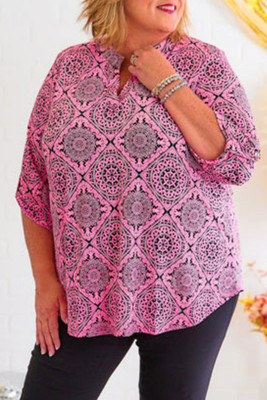 Pink Printed Plus Size Paisley Print V Neck Roll Tab Sleeve Blouse