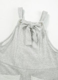 Light Grey Knotted Straps Patch Pockets Terry Knit Romper