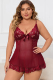 Burgundy Plus Size Lace Mesh Splicing Bow Babydoll Lingerie