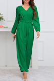 Plain  V Neck Puff Sleeves One Piece Jumpsuit