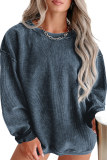 Blue Plus Size Corded Round Neck Sweatshirt