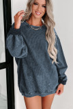 Blue Plus Size Corded Round Neck Sweatshirt
