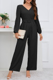 Plain  V Neck Puff Sleeves One Piece Jumpsuit