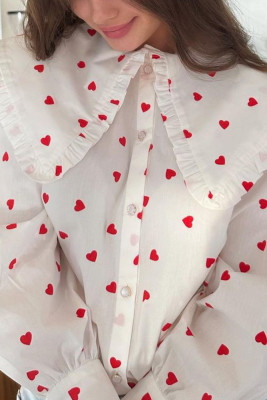Heart Print Lantern Sleeves Shirt 