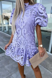 Plain Full Lace Bubble Sleeves Dress