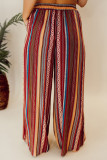 Red Boho Ethnic Striped Print Tie Waist Wide Leg Pants