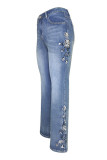 Blue Washed Flower Embroidery Bell Denim Pants