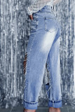 Washed Distressed Hole Chain Rhinestone Jeans Pants