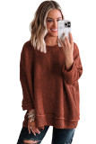 Gold Flame Solid Color Textured Crew Neck Loose Sweater