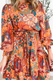 Orange Bubble Sleeve Belted Floral Dress