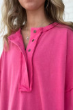 Rose Red Exposed Seam Button Neck Wide Sleeve Tunic Top