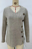 Apricot V Neck Side Button Rib Long Sleeves Top