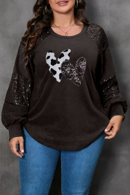 Black Double Heart Patch Sequined Plus Size Long Sleeve Top