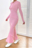 Hooded Bodycon Pink Maxi Dress 