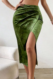 Green Velvet Split Skirt Dress 