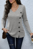 Apricot V Neck Side Button Rib Long Sleeves Top
