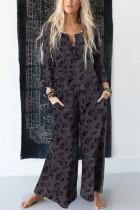 Gray Printed Buttoned Bodice Wide Leg Leopard Jumpsuit