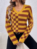 V Neck Plaid Contrast Stripe Knit Sweater